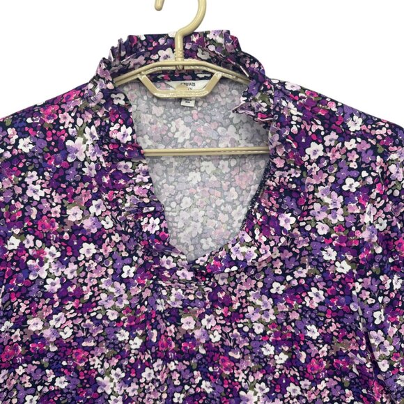 Crown & Ivy Floral Blouse Womens Purple Pink Long Sleeve Ruffle Neck Size XL - Picture 3 of 9